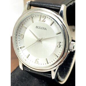 Bulova Men's Watch 96A28 Quartz Logo Silver Dial Black Leather Strap 38m…